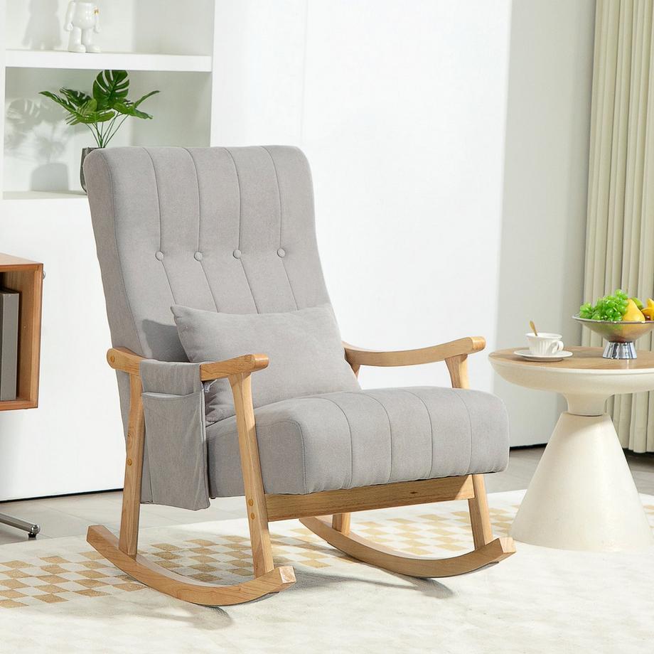 Northio Chaise à bascule rembourrée avec coussin lombaire, poche latérale, chaise de relaxation, structure en bois, aspect lin, pour salon, chambre à coucher, gris  