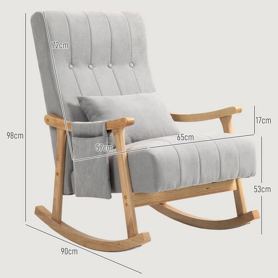 Northio Chaise à bascule rembourrée avec coussin lombaire, poche latérale, chaise de relaxation, structure en bois, aspect lin, pour salon, chambre à coucher, gris  