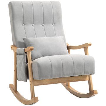 Chaise à bascule rembourrée avec coussin lombaire, poche latérale, chaise de relaxation, structure en bois, aspect lin, pour salon, chambre à coucher, gris