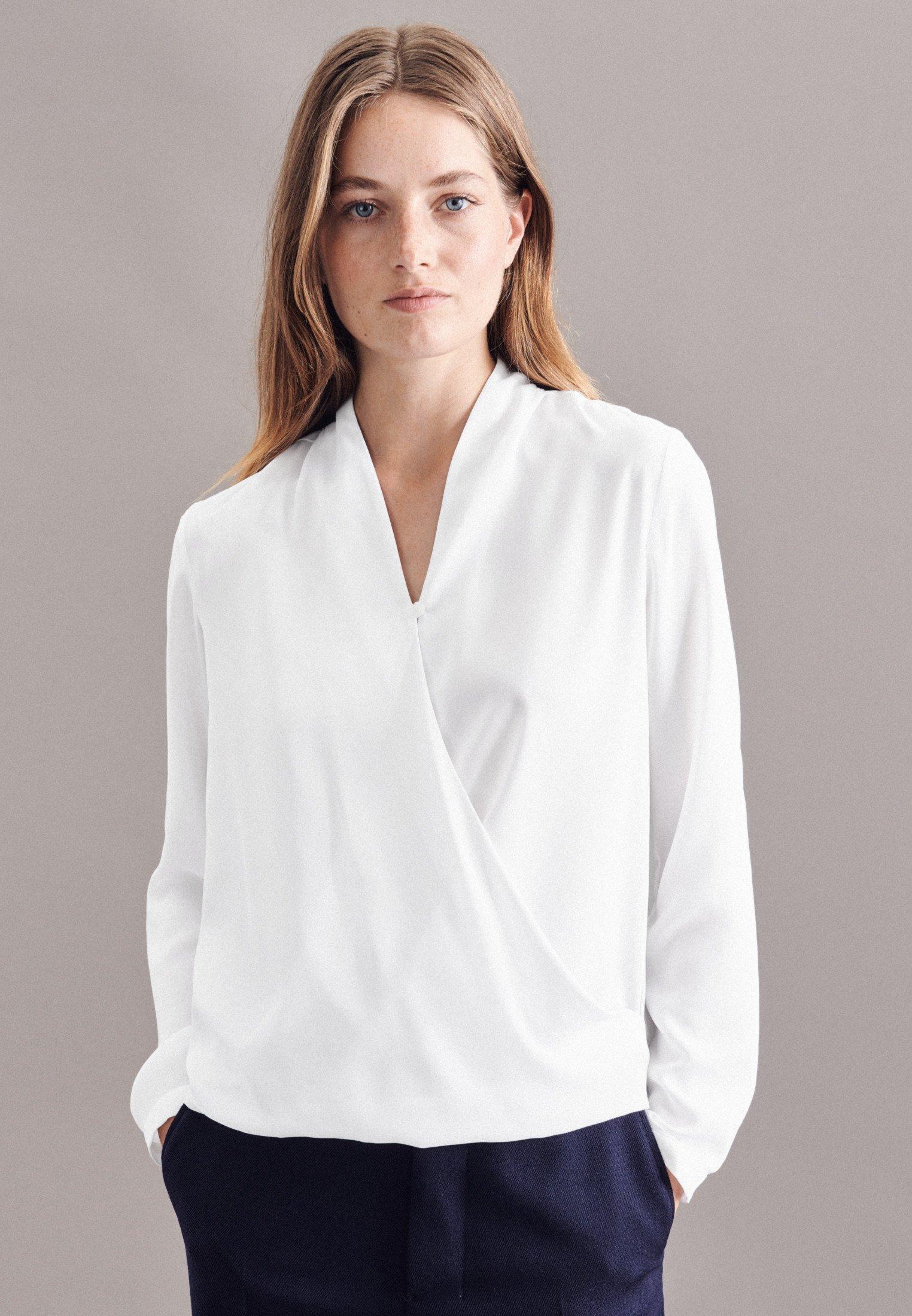 Image of Wickelbluse Uni Langarm V-neck Damen Weiss 36