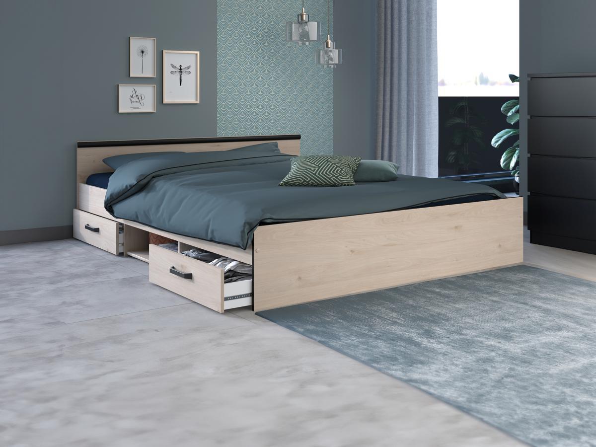 Vente-unique Bett mit Stauraum 160 x 200 cm - 2 Schubladen & 1 Ablagefach - Holzfarben - PABLO  