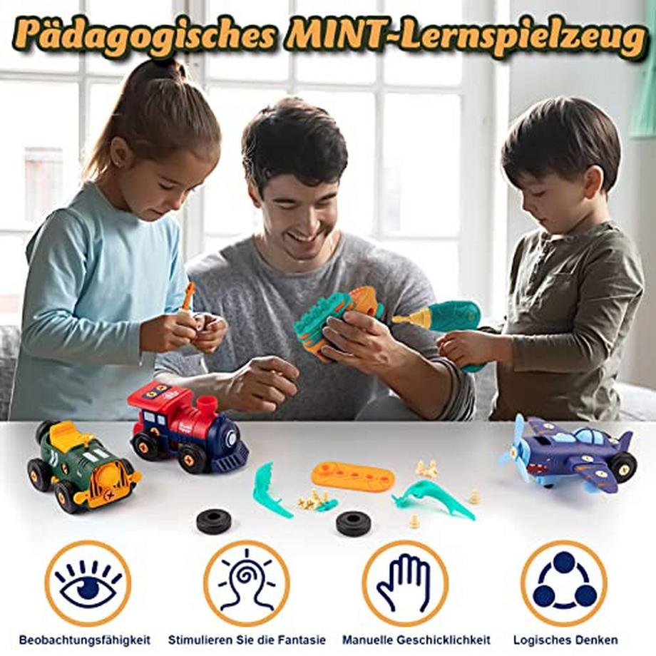 Activity-board  Spielzeug Auto Set, Baufahrzeuge Auto Kit für Kinder mit Elektroauto, Flugzeug, Zug/Boot, 