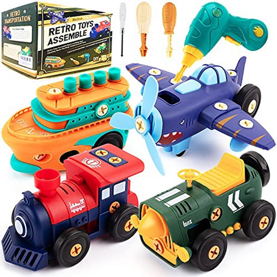 Spielzeug Auto Set, Baufahrzeuge Auto Kit für Kinder mit Elektroauto, Flugzeug, Zug/Boot,