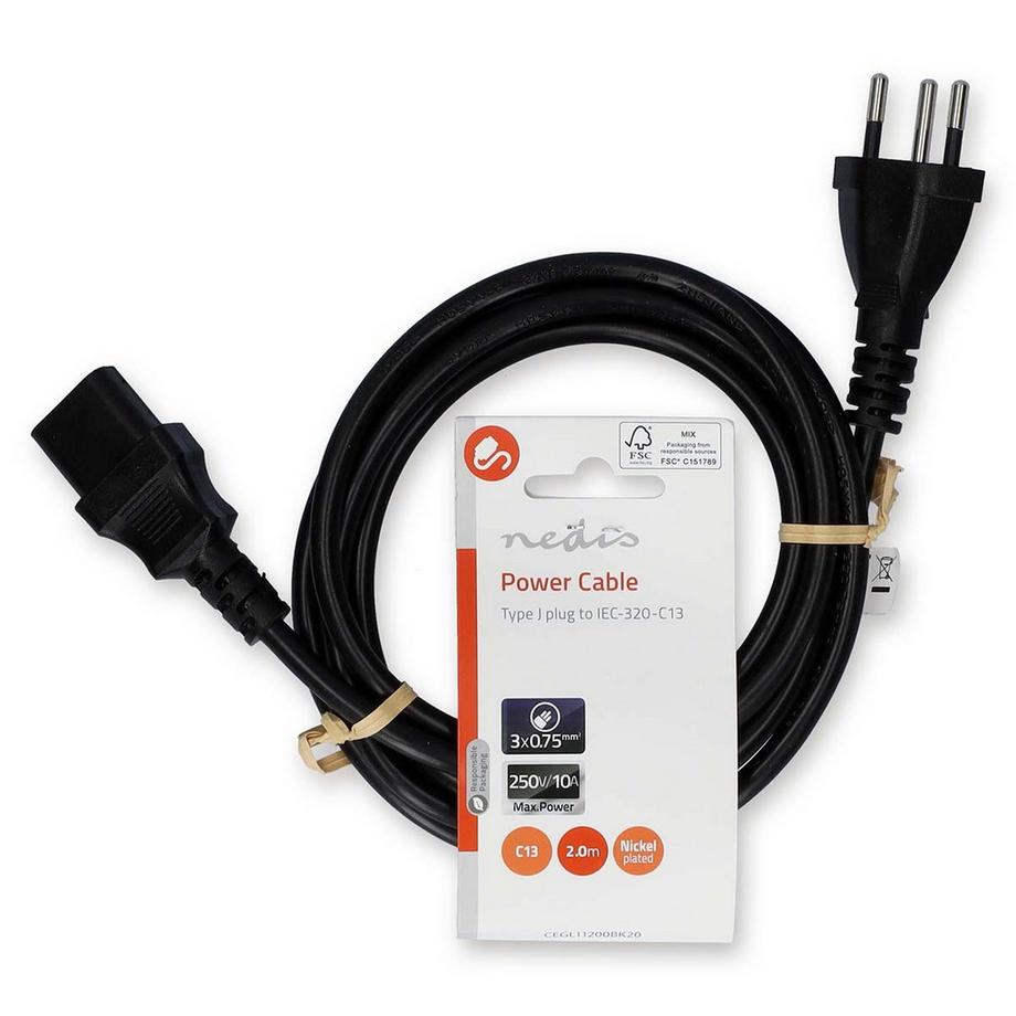 Nedis  Netzkabel | CH Typ 12 | IEC-320-C13 | Gerade | Gerade | Vernickelt | 2,00 m | Rund | PVC | Schwarz | Etikett 
