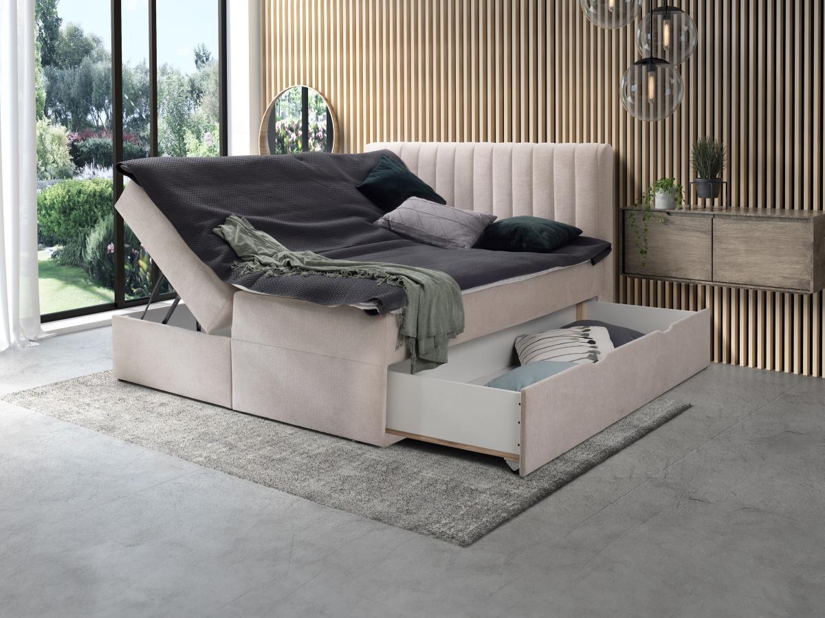 Ysmée Ensemble complet literie déco tête de lit + sommiers coffre et tiroir + matelas + surmatelas - 160 x 200 cm - Tissu - Beige - ARAO de YSMÉE  