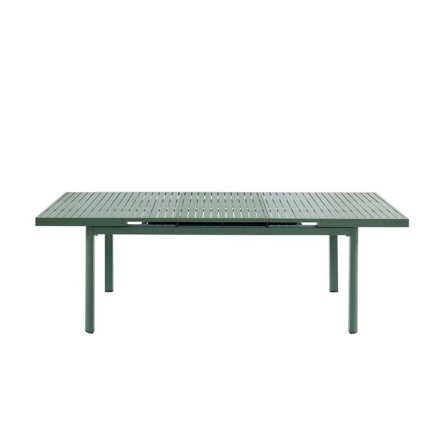 Vente-unique Salle à manger de jardin en aluminium : une table extensible 180/240cm et 6 fauteuils empilables avec accoudoirs acacia - Vert amande - NAURU de MYLIA  