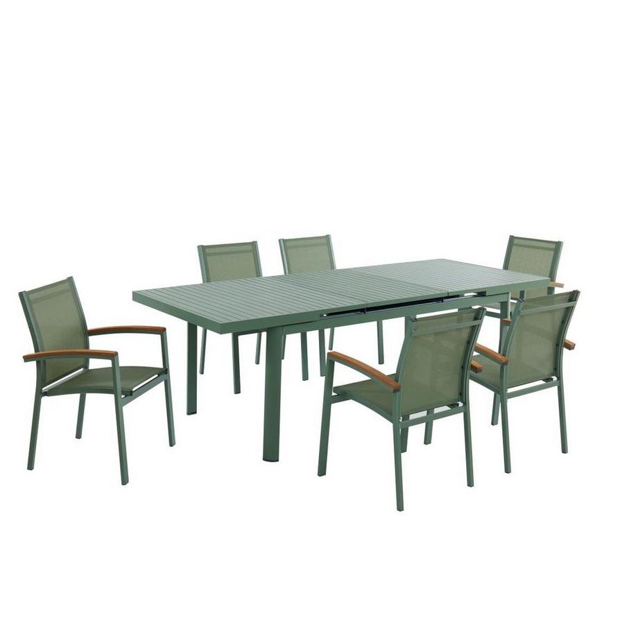 Salle à manger de jardin en aluminium : une table extensible 180/240cm et 6 fauteuils empilables avec accoudoirs acacia - Vert amande - NAURU de MYLIA