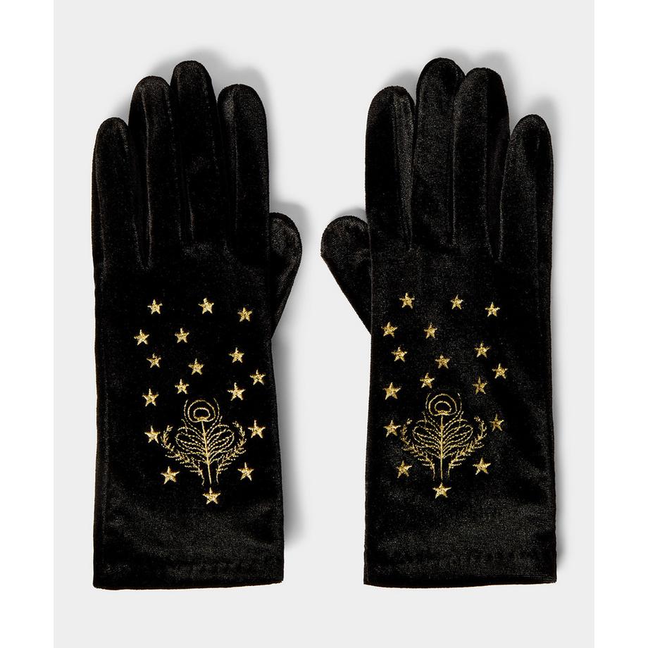 Federbestickte Velours-Handschuhe