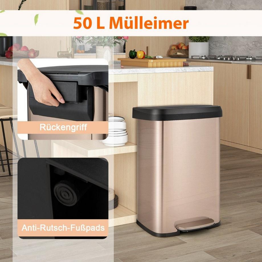 B2X  50L Küche Mülleimer mit Sanft Schließendem Deckel & Desodorierungsfach Abfalleimer Roségold 
