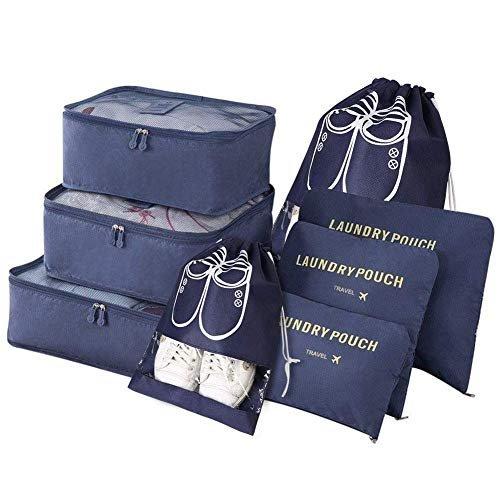 Only-bags.store  Organisateur de valise, 8-en-1 set organisateur de bagages, sacs à vêtements de voyage imperméables comprenant 2 sacs à chaussures, 3 cubes d'emballage et 3 sacs de rangement, pour les vêtements, les chaussures et les cosmétiques - Bleu foncé 