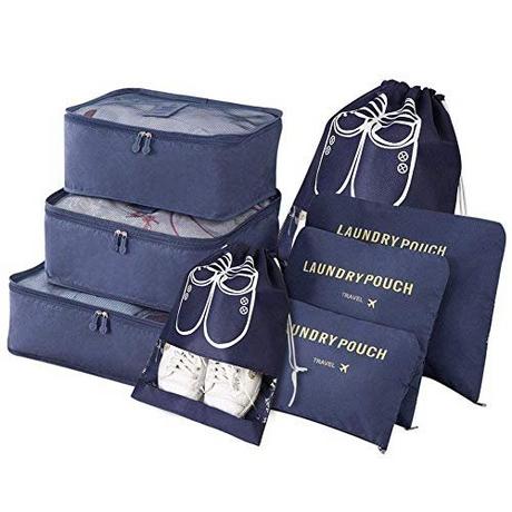 Only-bags.store  Koffer-Organizer, 8-in-1-Set Gepäck-Organizer, wasserdichte Reisekleidersäcke inklusive 2 Schuhsäcke, 3 Packwürfel und 3 Aufbewahrungsbeutel, für Kleidung, Schuhe, Kosmetik - Dunkelblau 