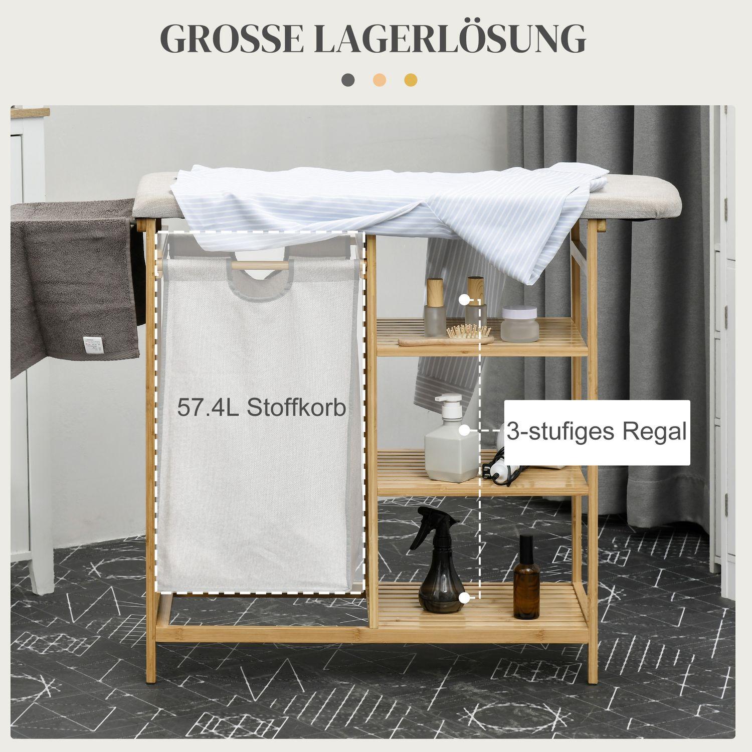 Northio Wäschekorb 57,4 L Wäschesammler mit Bügelbrett, Bügeleisen, Wäschebox mit 3-Ebenen-Regal, ausziehbar und abnehmbare Tasche  