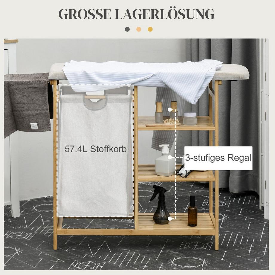 Northio Panier à linge Panier à linge 57,4 L avec planche à repasser, fer à repasser, boîte à linge avec étagère à 3 niveaux, sac extensible et amovible  