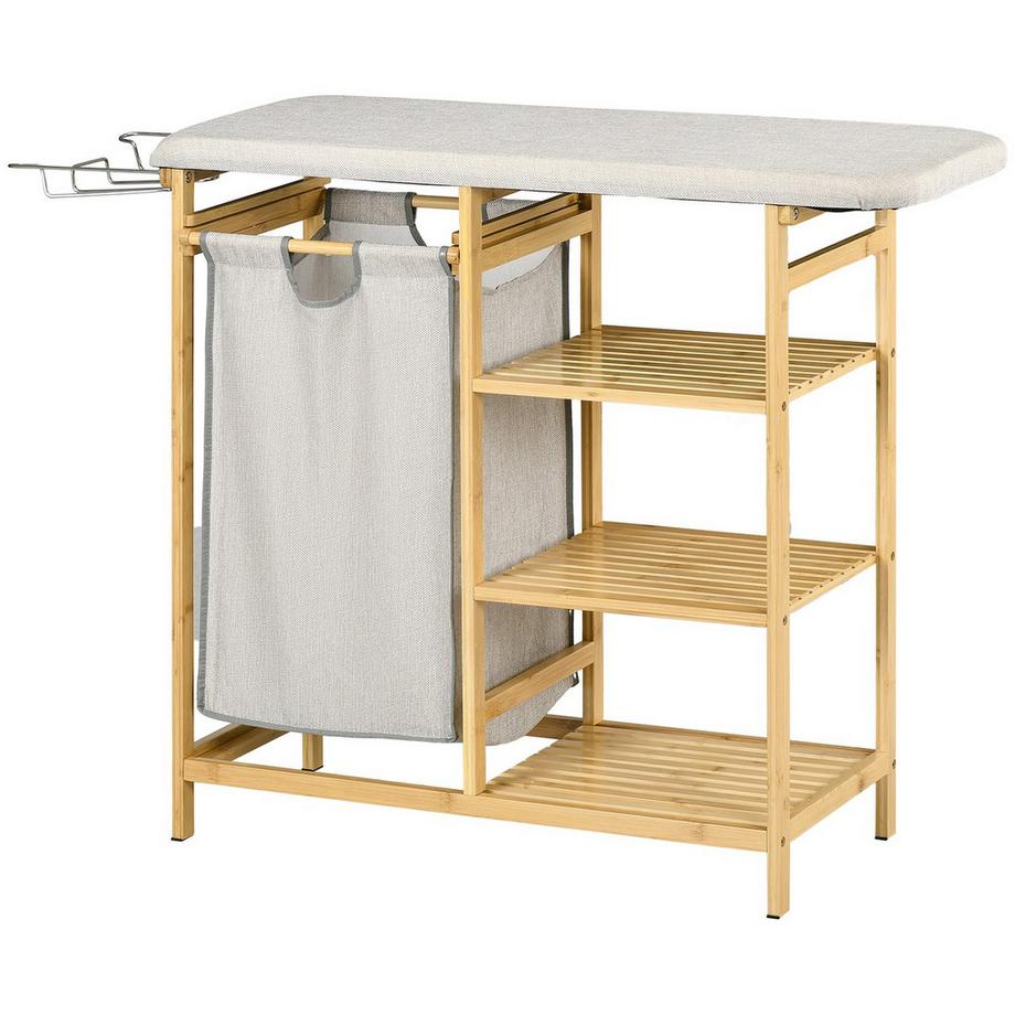 Panier à linge Panier à linge 57,4 L avec planche à repasser, fer à repasser, boîte à linge avec étagère à 3 niveaux, sac extensible et amovible