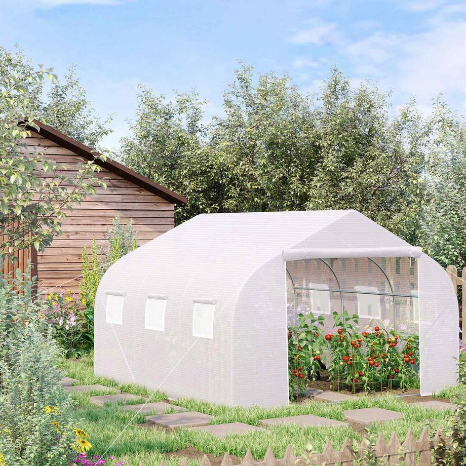 Northio Foliengewächshaus 4,45X2,99X2,05M Uv-Schutz Tomatenhaus, Mesh-Fenster, Winddicht, Metall, Weiß  