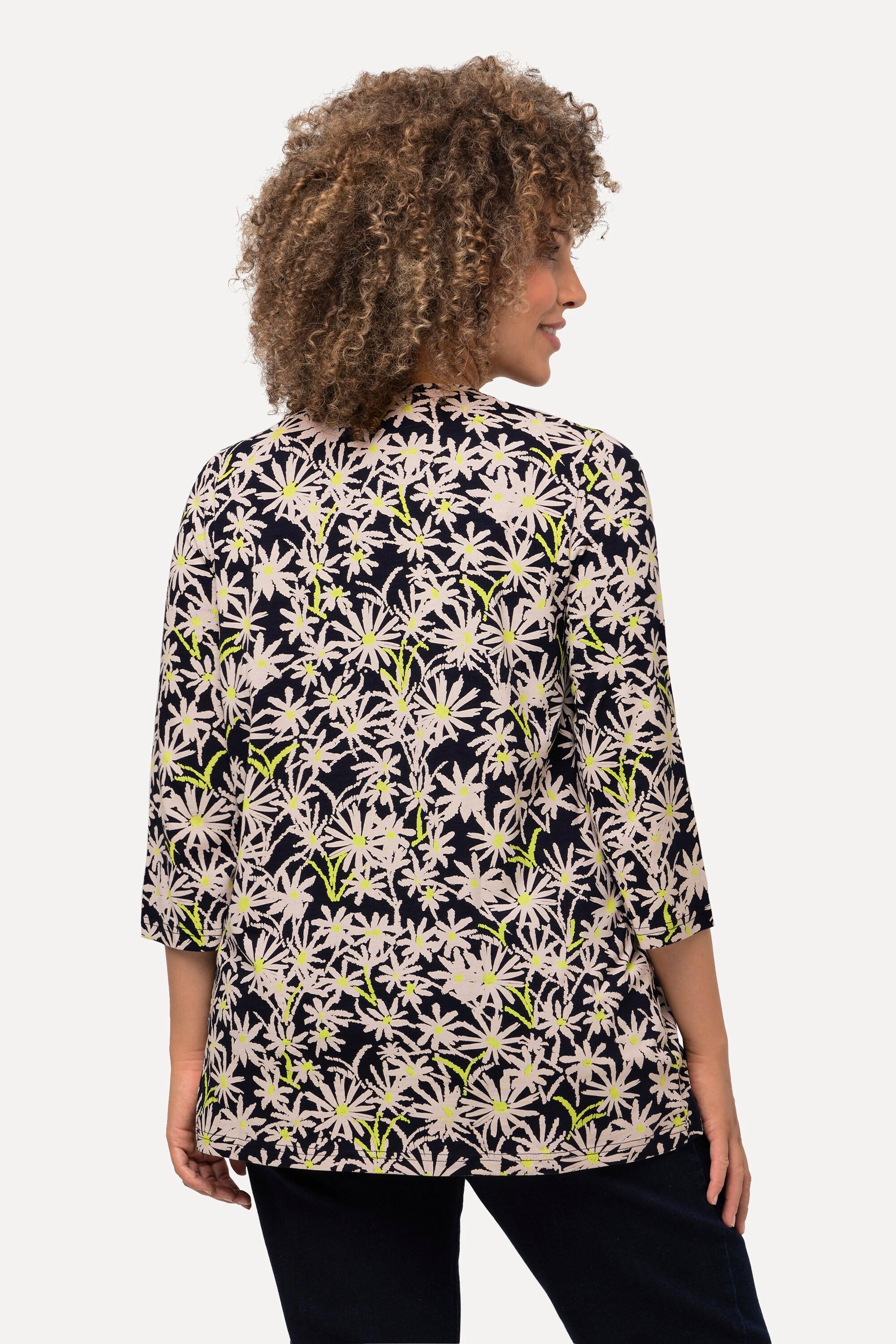 Ulla Popken  Shirt, Blüten, Ziernähte , A-Linie, Rundhals, 3/4-Arm 