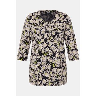 Ulla Popken  Maglia dal taglio svasato con fiori, cuciture decorative, scollo a girocollo e maniche a 3/4 