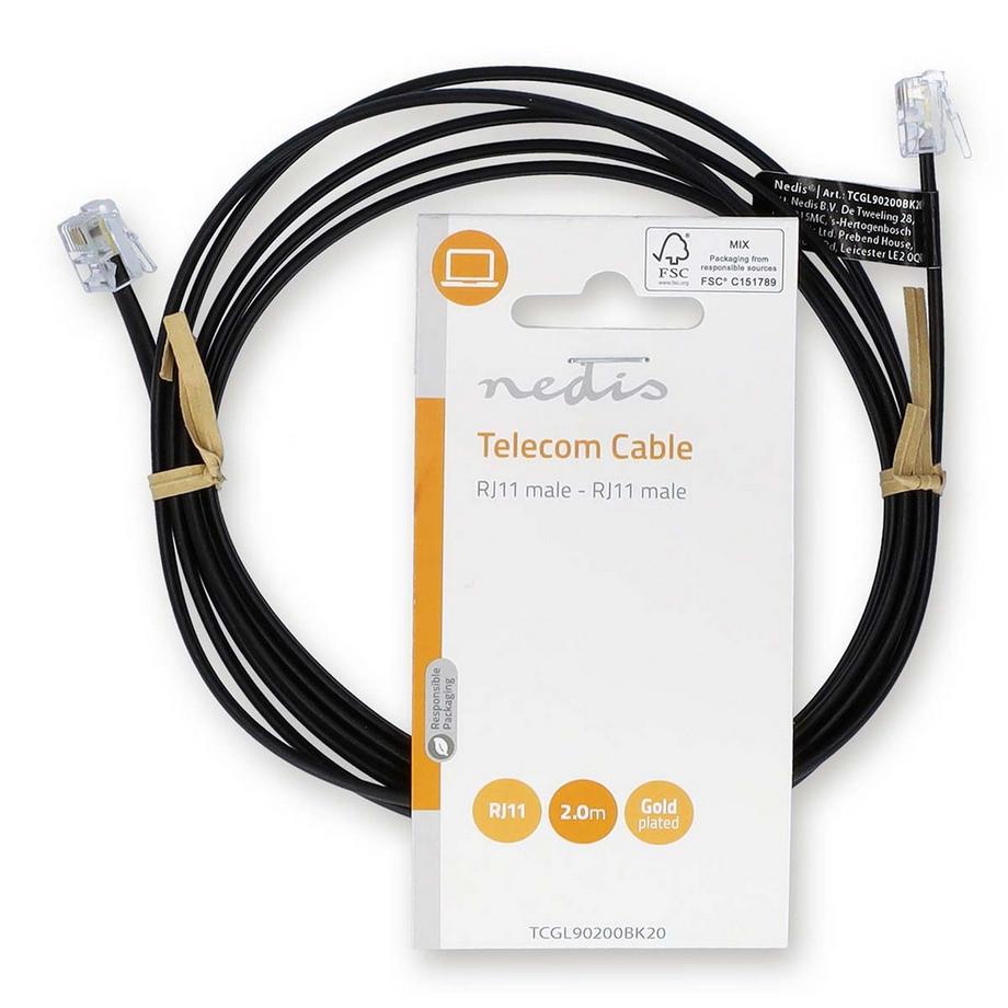 Nedis  Telekommunikationskabel | RJ11 Stecker | RJ11 Stecker | 2,00 m | Kabelaufbau: Flach | Beschichtung: Vergoldet | Kabeltyp: RJ11 | Schwarz 