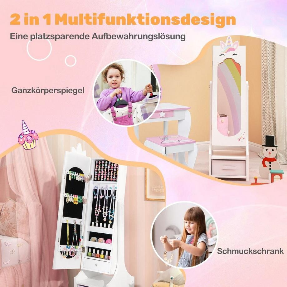Northix 2 in 1 Kinder Schmuckschrank mit Ganzkörperspiegel & Schublade Spiegelschrank Schminkspiegel Weiß  
