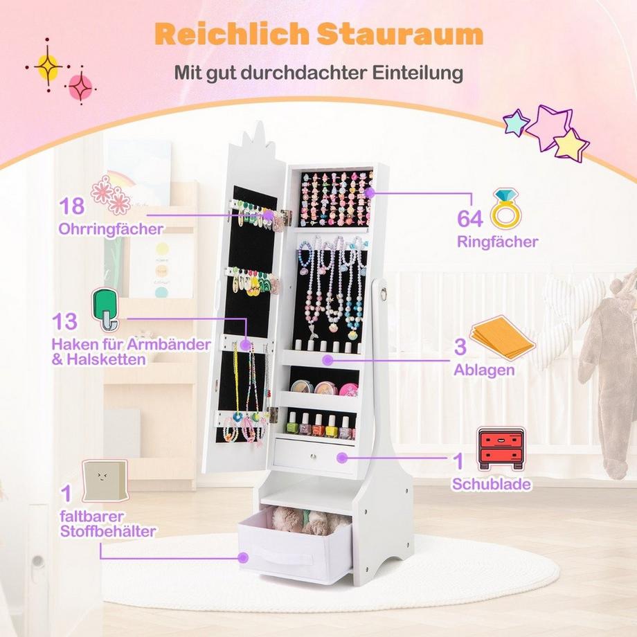 Northix 2 in 1 Kinder Schmuckschrank mit Ganzkörperspiegel & Schublade Spiegelschrank Schminkspiegel Weiß  