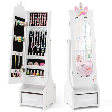 Armoire à bijoux pour enfants 2 en 1 avec miroir pleine longueur et amplificateur. Armoire à miroir à tiroirs, miroir de maquillage blanc