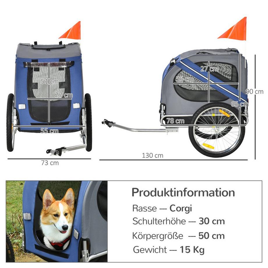 Northio  Hundeanhänger Fahrradanhänger Hundetransporter Hunde Fahrrad Anhänger Oxfordstoff Regenschutz Atmungsaktiv Blau 130 X 73 X 90 Cm 