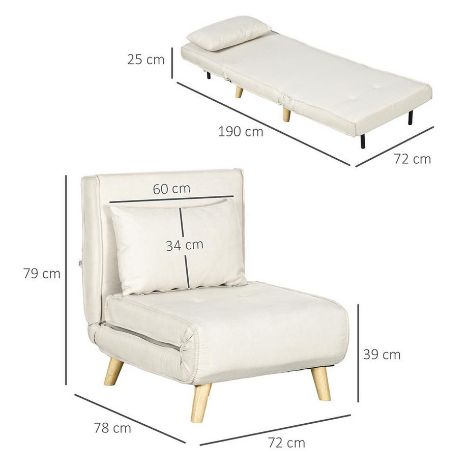 Northio Chaise de couchage, lit pliant avec fonction lit, coussin lombaire, chaise de relaxation pliante aspect lin, dossier réglable, capacité de charge jusqu'à 150 kg, pour salon blanc crème  