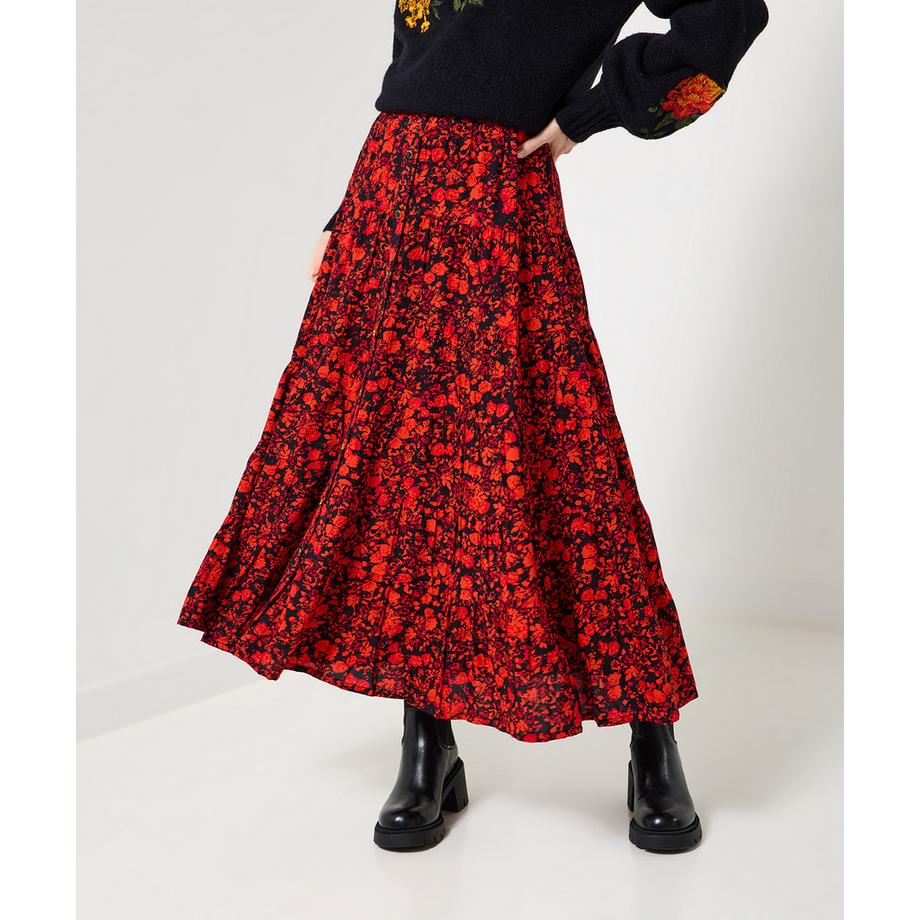 Joe Browns Jupe Longue Fleurie Étagée avec Patte de Boutonnage  