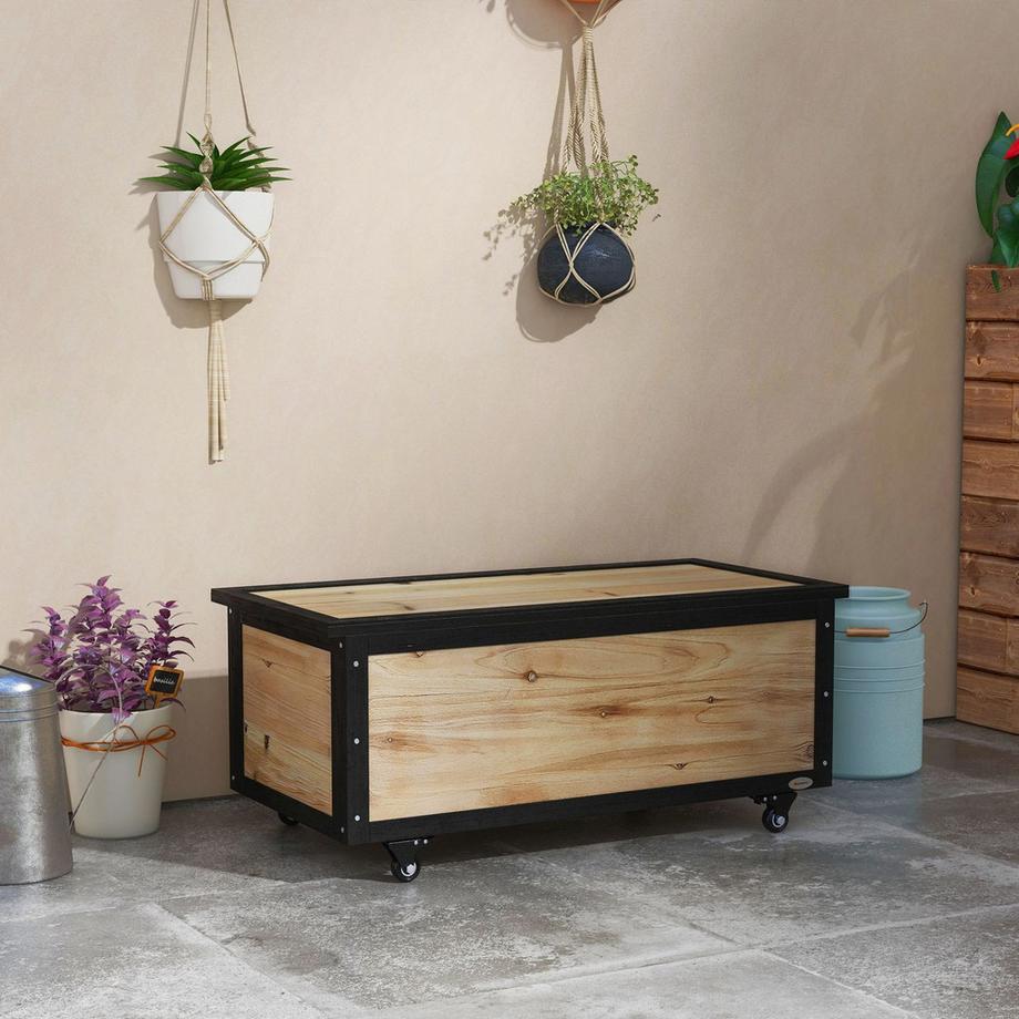 Northio Gartenbox Holz Auflagenbox 121L Aufbewahrungsbox Mit Rollen, Wetterbeständige Aufbewahrungskiste Für Balkon, Terrasse, Natur  