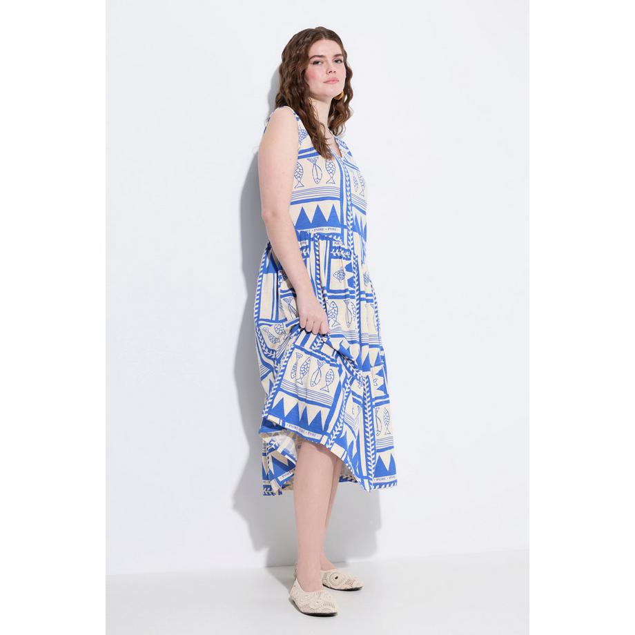 Ulla Popken Abito Midi Jersey Senza Maniche Scollo a V Fantasia Pesci  