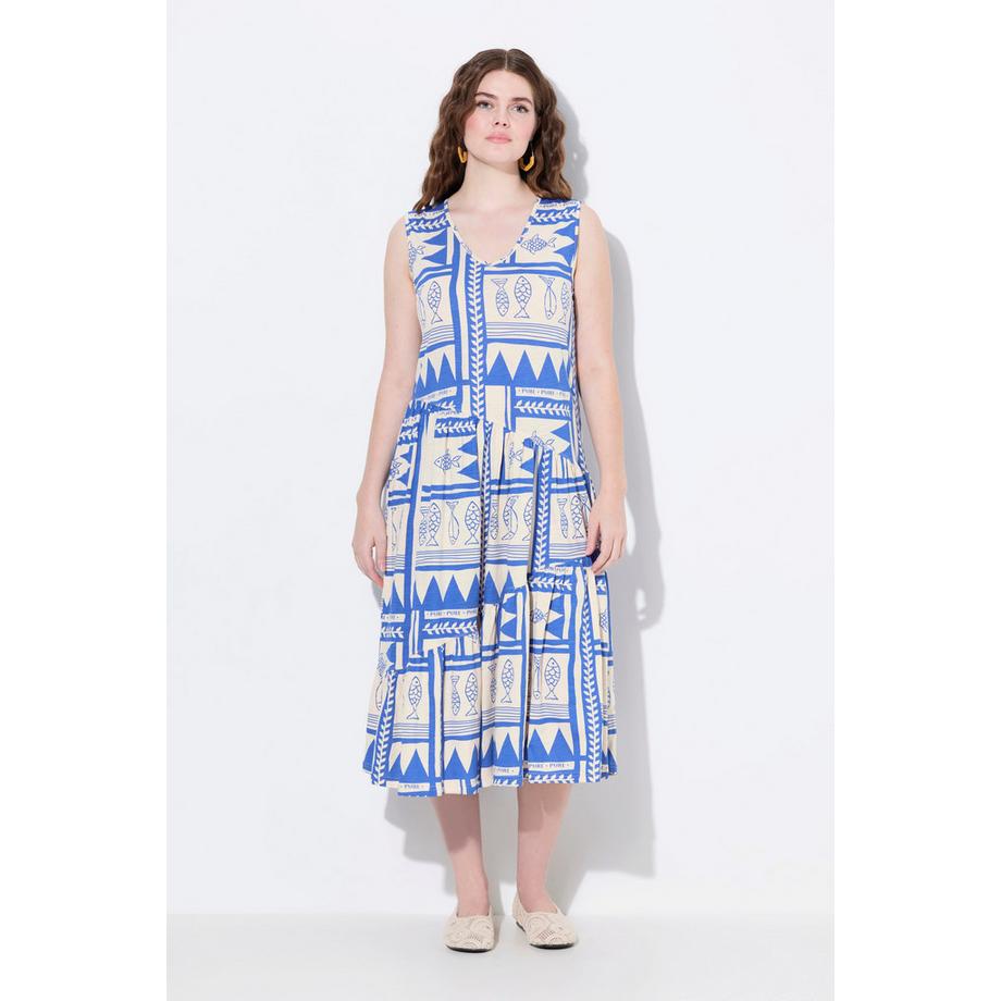 Ulla Popken Abito Midi Jersey Senza Maniche Scollo a V Fantasia Pesci  