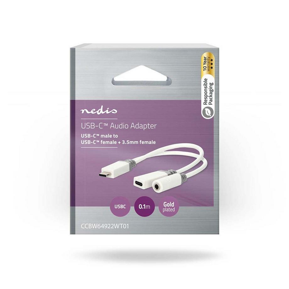 Nedis  Adaptateur USB-C™ | USB 2.0 | USB-C™ mâle | USB-C™ femelle / 3.5 mm femelle | 0.10 m | Rond | Plaqué or | PVC | Blanc | Boîte 