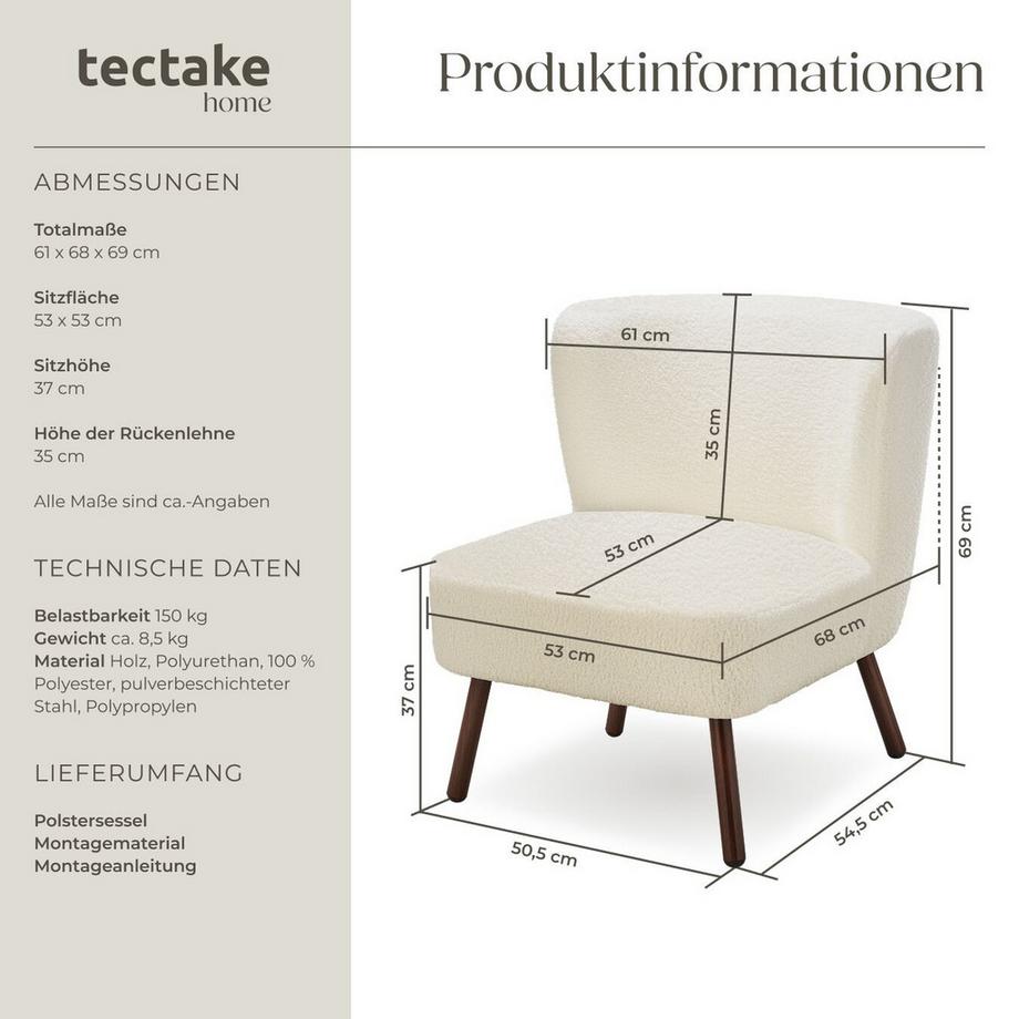 Tectake Teddy-Cocktailsessel Robina 2 gepolstert, mit Bouclé-Bezug bodenschonende Kunststoffkappen, Belastbarkeit 150 kg  
