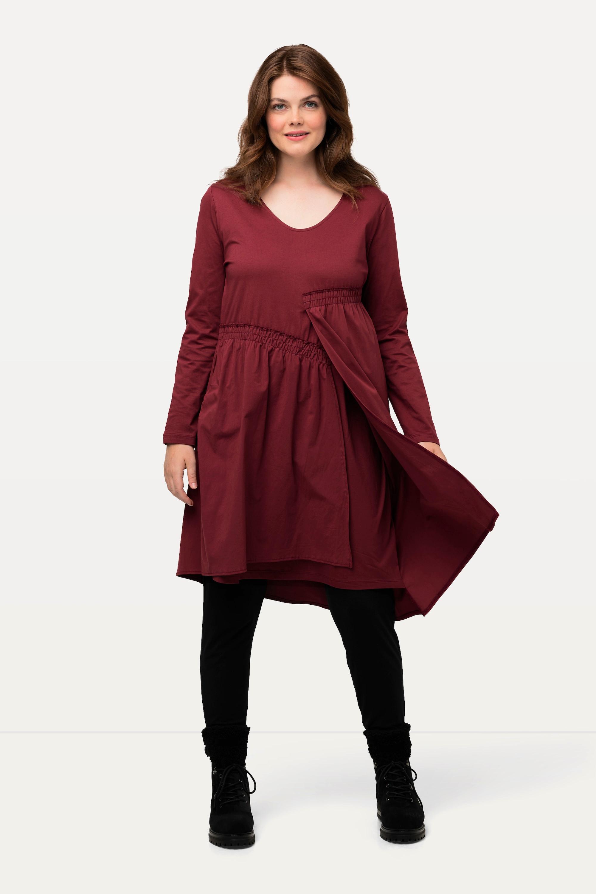 Ulla Popken  Robe midi à col en V et manches 3/4, jupe asymétrique 