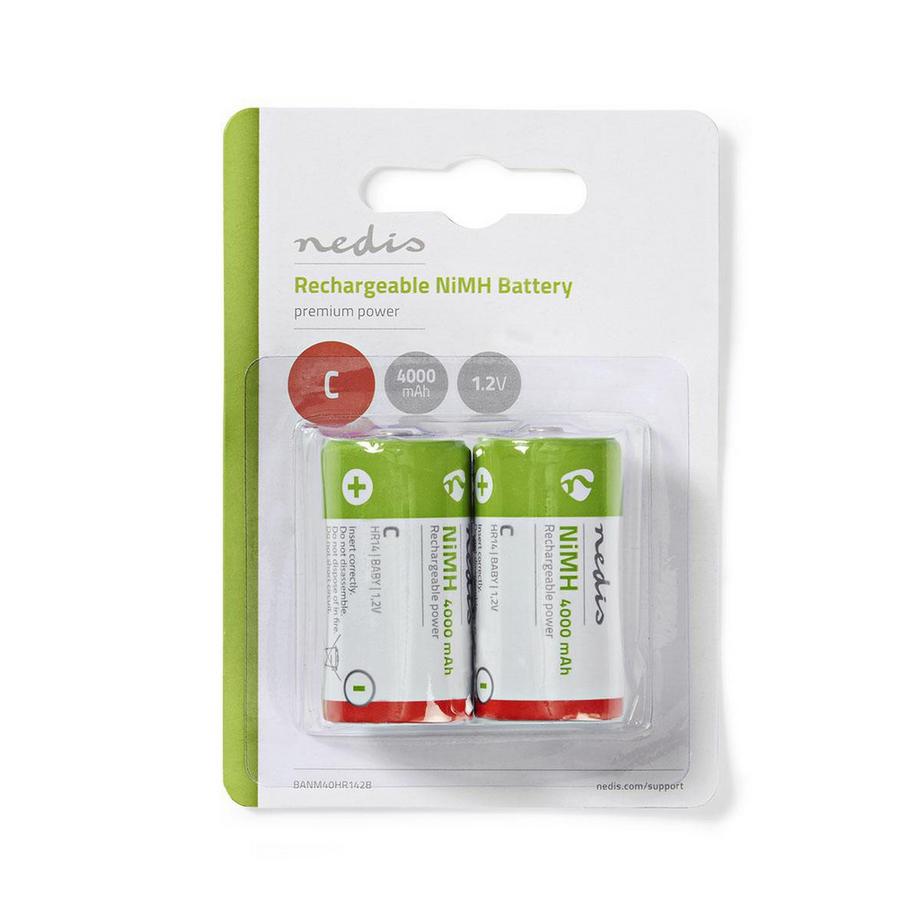 Nedis  Wiederaufladbarer Ni-MH-Akku C | 1,2 V DC | 4000 mAh | Vorgeladen | 2-Blister | HR14 | Grün / Rot 