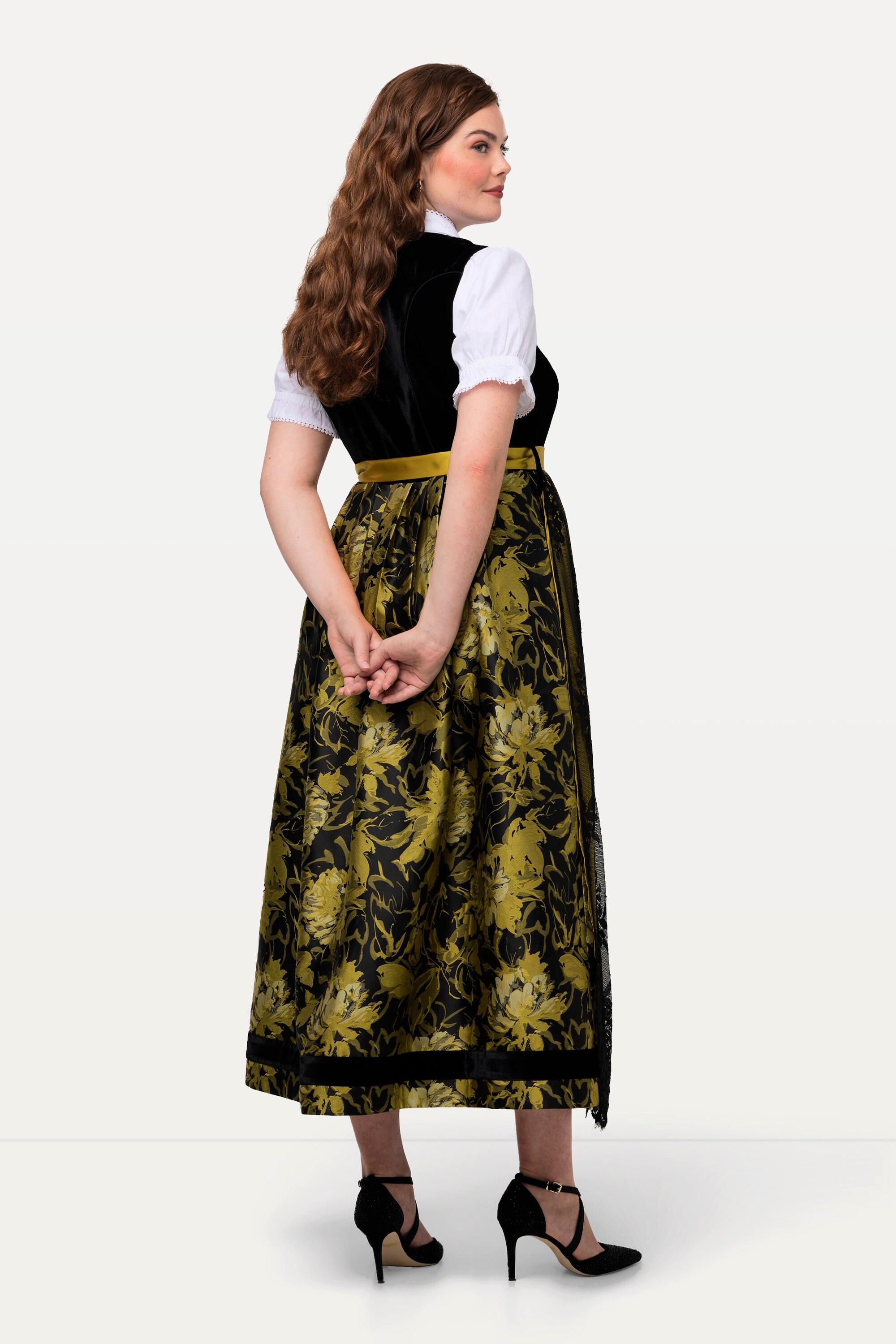 Ulla Popken  Tradizionale abito smanicato Dirndl con top di velluto, gonna in Jacquard e scollo rettangolare 