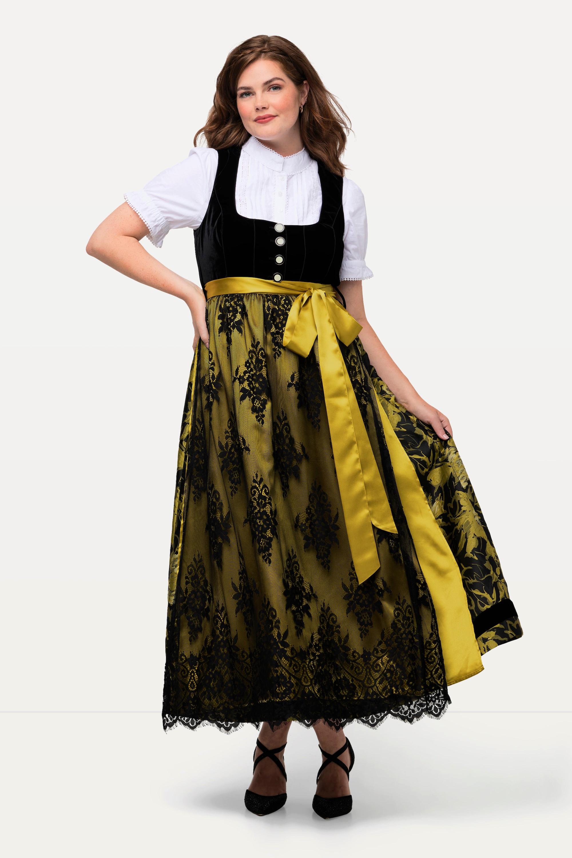 Ulla Popken  Tradizionale abito smanicato Dirndl con top di velluto, gonna in Jacquard e scollo rettangolare 