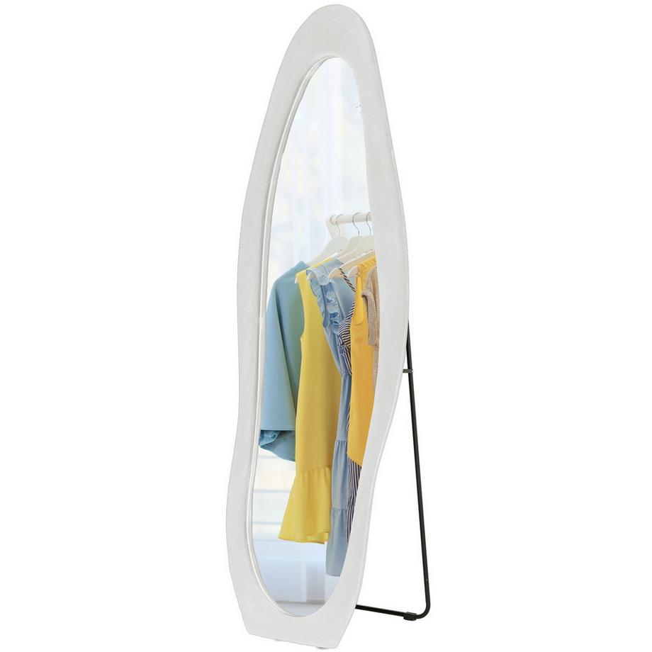 Ganzkörperspiegel 50 x 160 cm Standspiegel mit samtartiger Rahmenbezug, unregelmäßiger gewellter Wandspiegel für Schlafzimmer, Wohnzimmer, Weiß