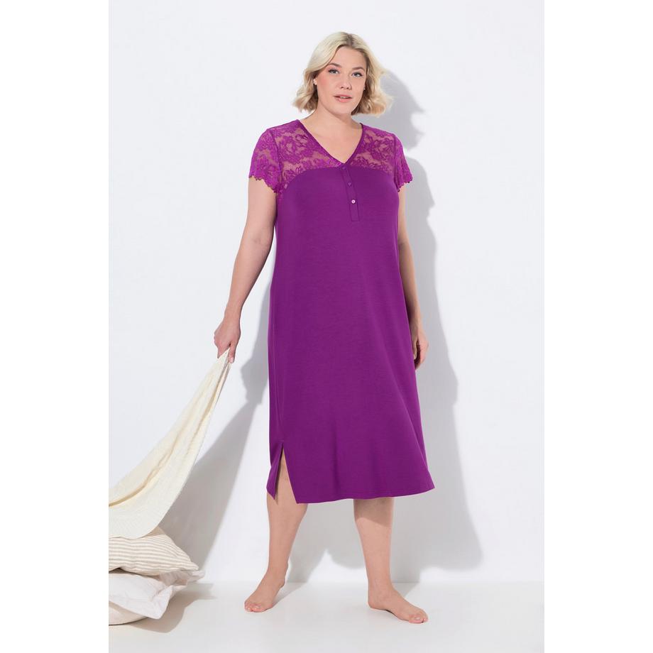 Ulla Popken Camicia da notte Pizzo Scollo a V Mezze maniche di pizzo  