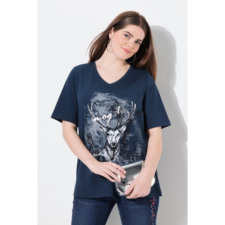 Ulla Popken T-Shirt Trachtenmotiv Classic V-Ausschnitt Halbarm  