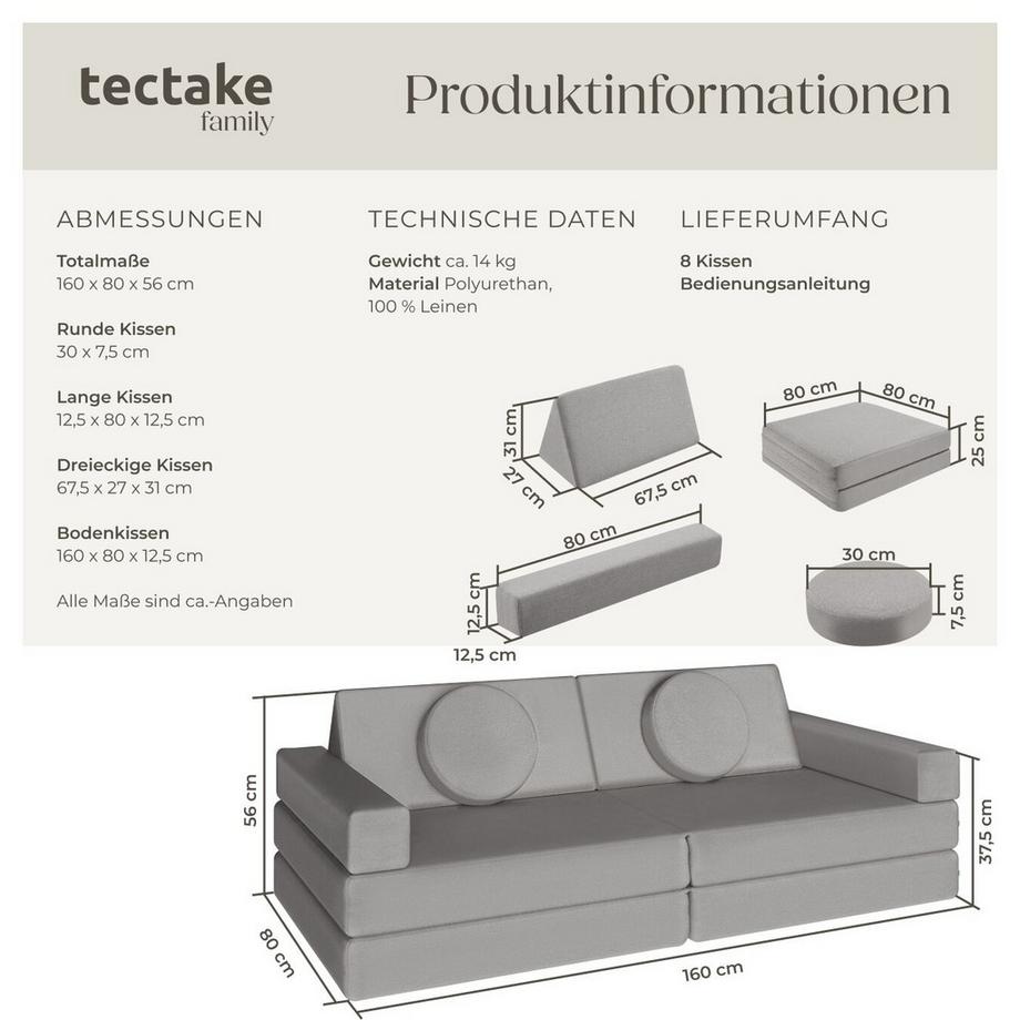 Tectake Spielsofa Lilly 8-teilig, flexible Anordnung dicke Polsterung  