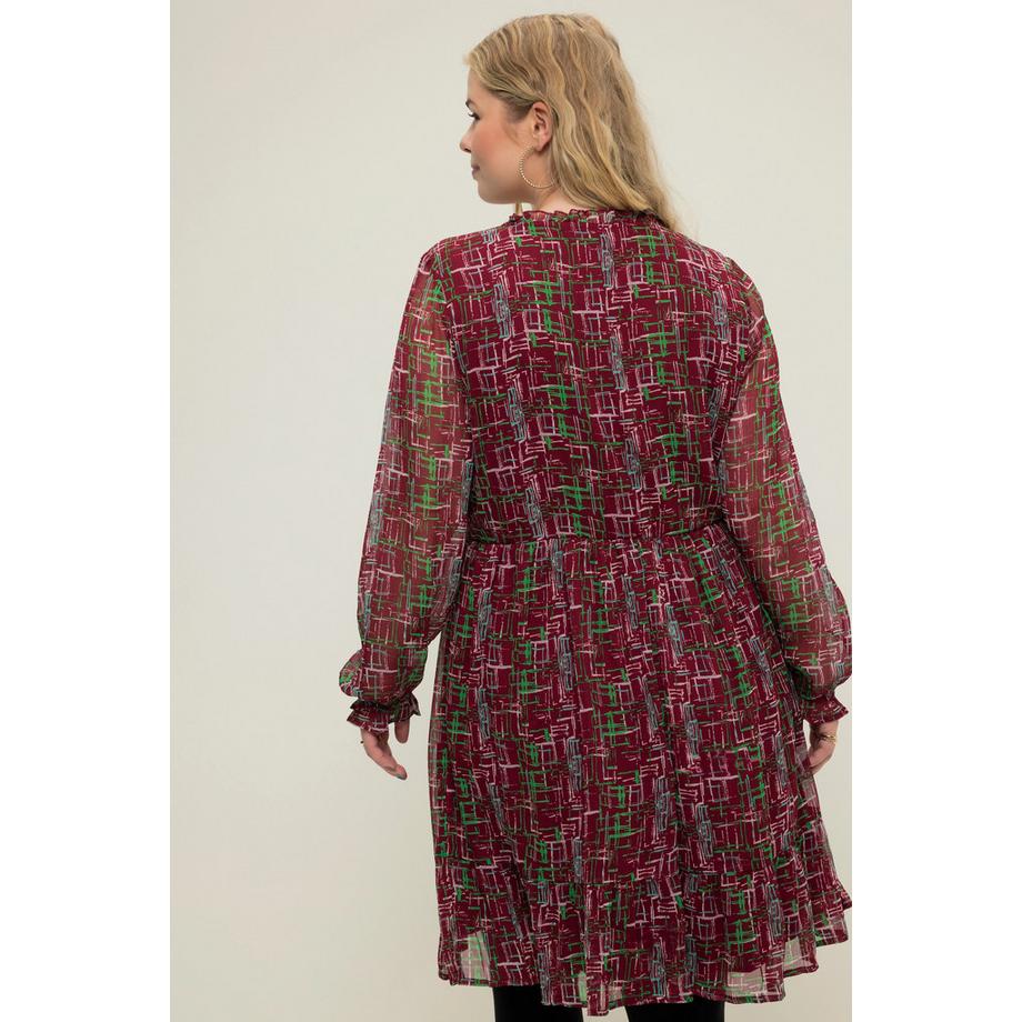 Studio Untold Robe Mini Coupe Évasée Imprimé Graphique Col Ruché Manches Longues  