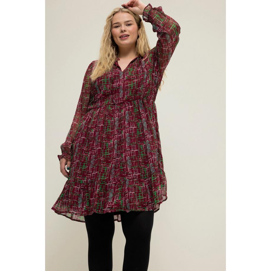 Studio Untold Robe Mini Coupe Évasée Imprimé Graphique Col Ruché Manches Longues  