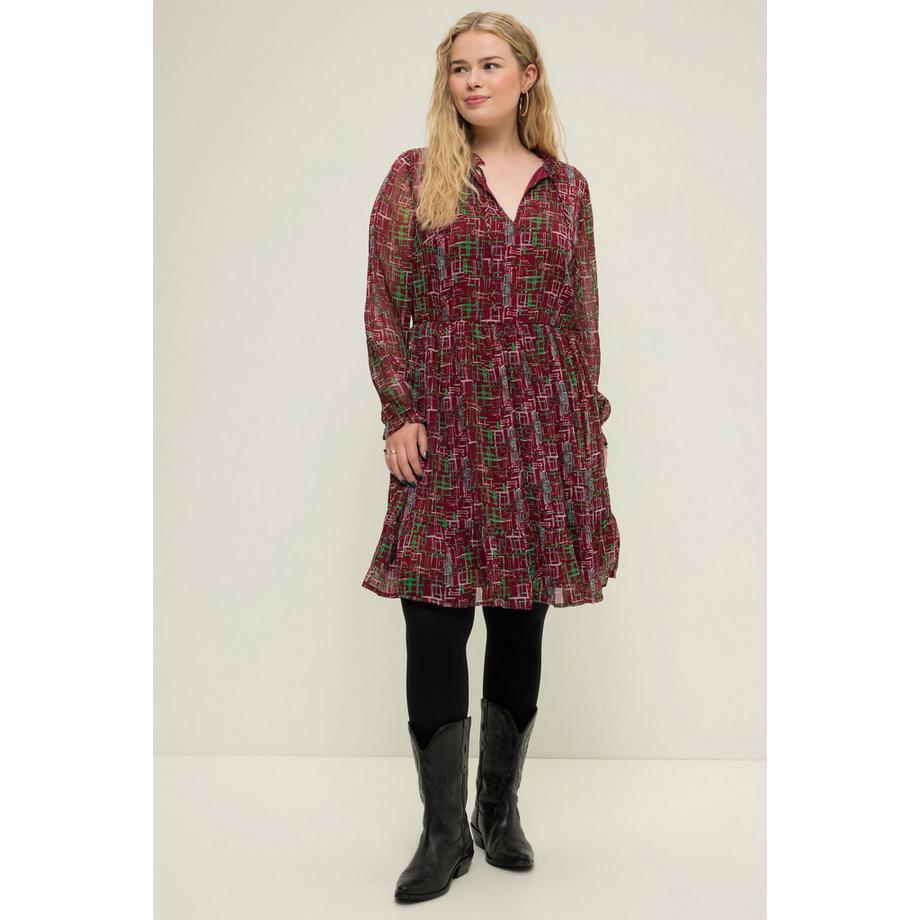 Studio Untold Robe Mini Coupe Évasée Imprimé Graphique Col Ruché Manches Longues  