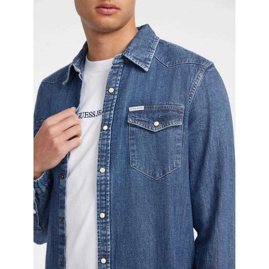 GUESS Camicia in Denim Maniche Lunghe Slim Fit  