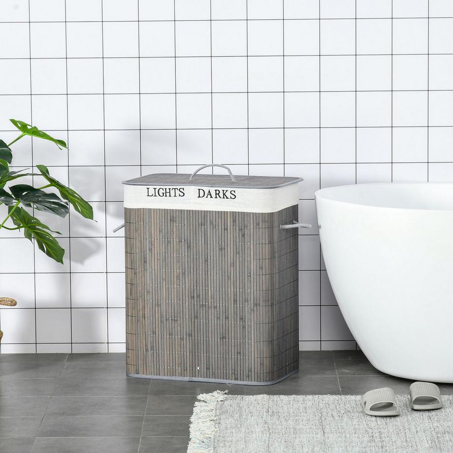 Northio Wäschekorb 100L mit 2 Fächern aus Bambus, zusammenklappbarer Deckel mit Griff, abnehmbarer und waschbarer Beutel in Grau  
