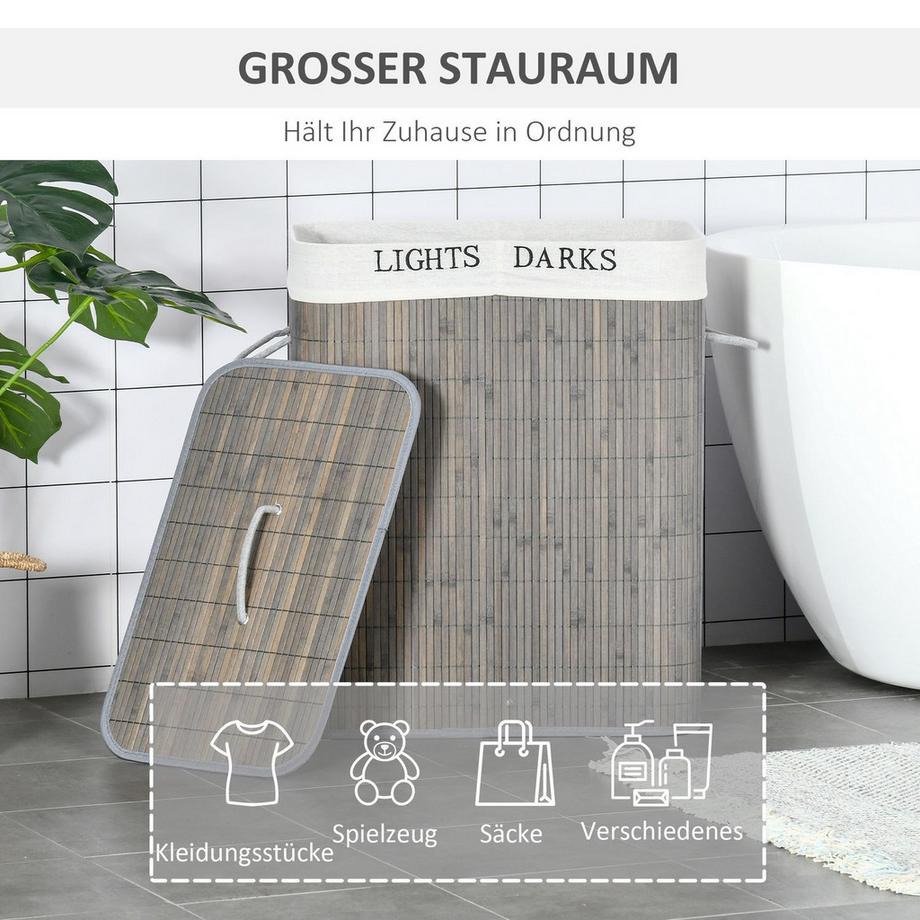 Northio Wäschekorb 100L mit 2 Fächern aus Bambus, zusammenklappbarer Deckel mit Griff, abnehmbarer und waschbarer Beutel in Grau  