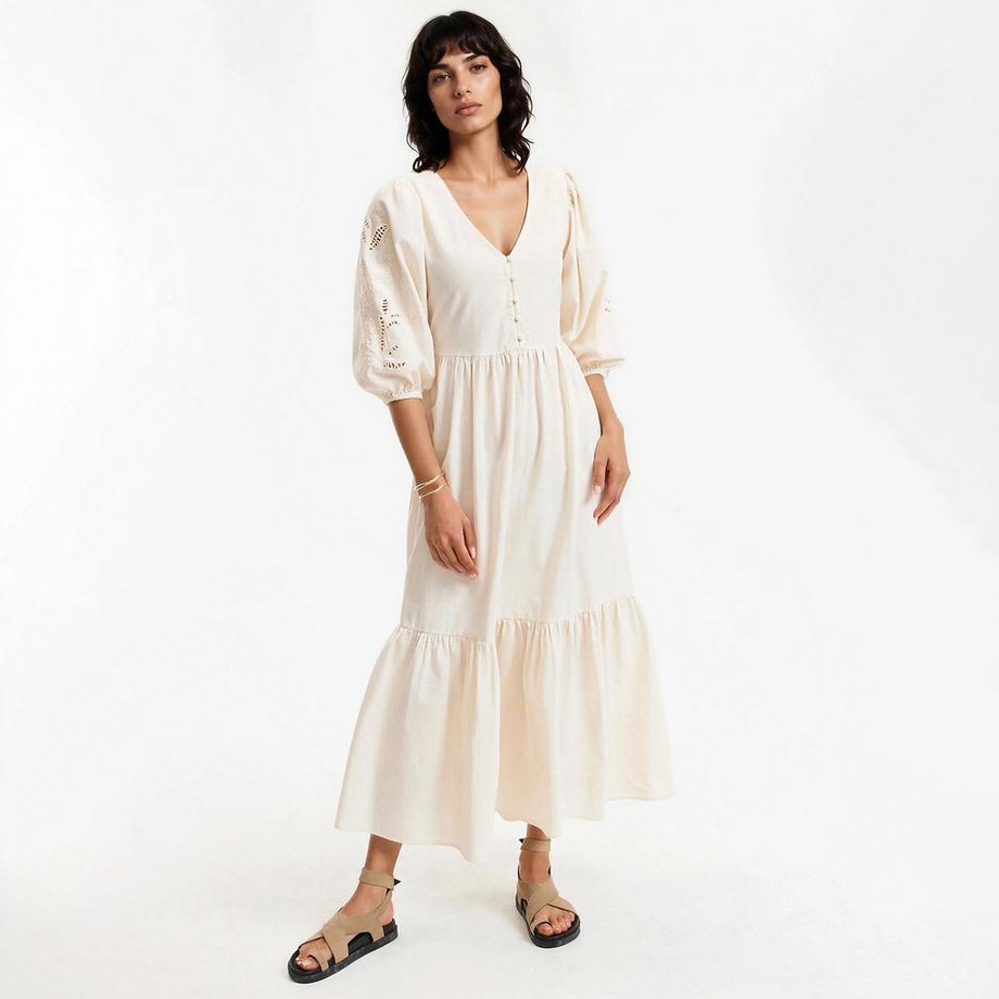 La Redoute Collections Langes V-Ausschnitt Kleid mit bestickten Ärmeln  