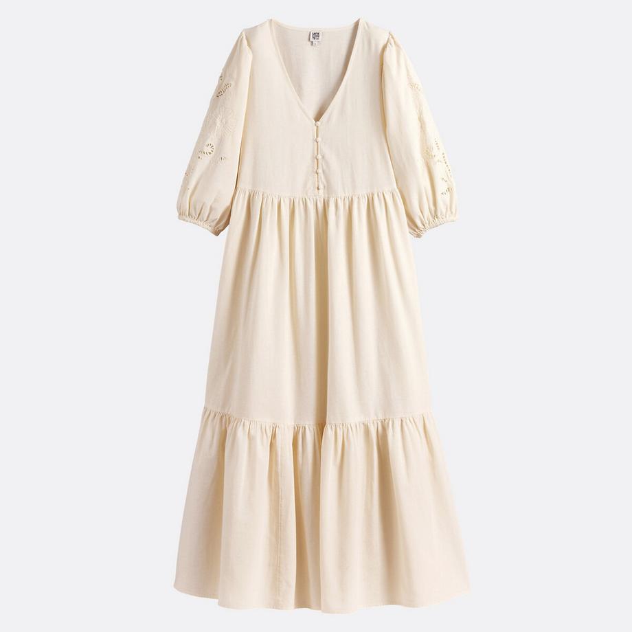 La Redoute Collections Langes V-Ausschnitt Kleid mit bestickten Ärmeln  