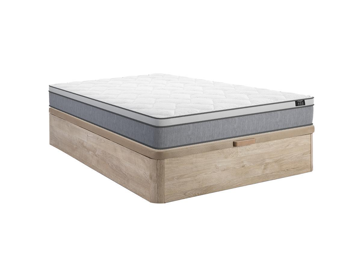 Image of Set aus Bettgestell mit Bettkasten + Taschenfederkernmatratze - 140 x 190 cm - Stärke 22 cm - Holzfarben hell - SERENITE von YSMÉE Set aus Bettgestell mit Bettkasten + Taschenfederkernmatratze - 140 x 190 cm - Stärke 22 cm - Holzfarben hell - SERENITE von